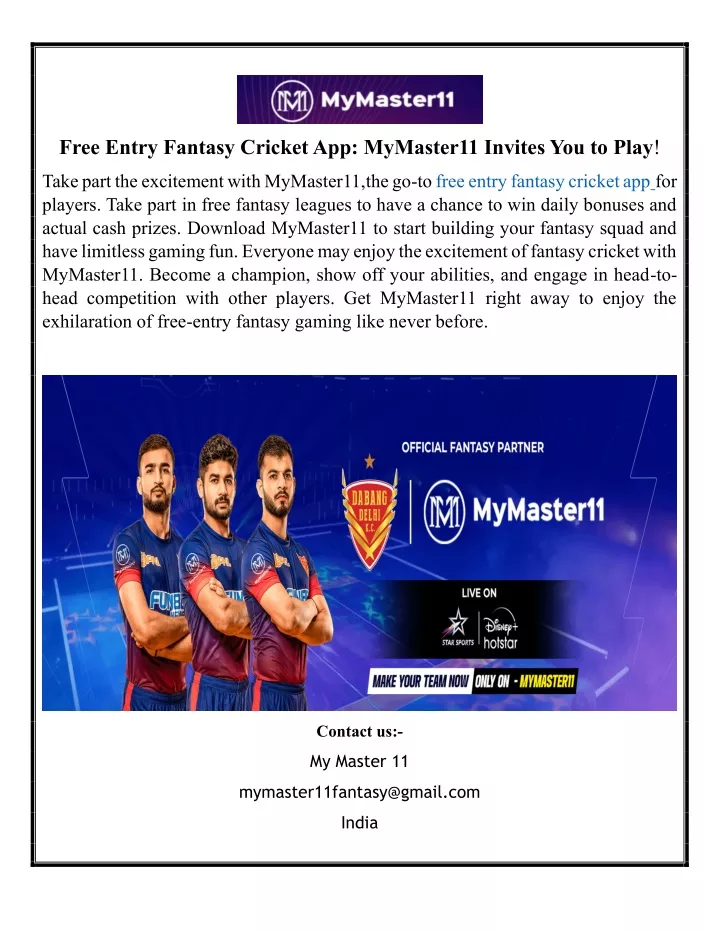 free entry fantasy cricket app mymaster11 invites