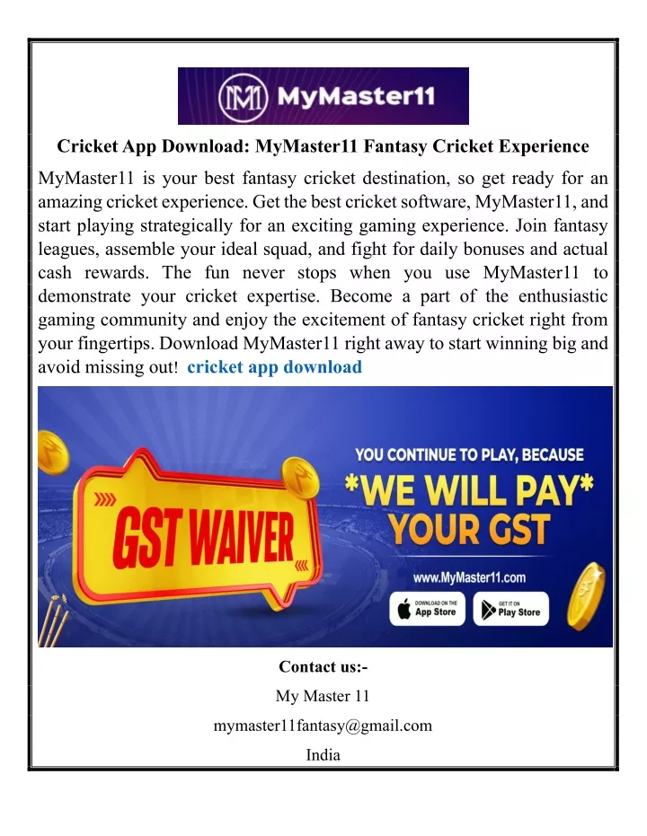 cricket app download mymaster11 fantasy cricket