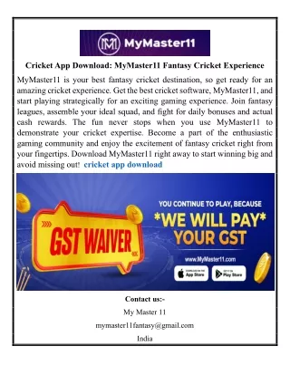 Cricket App Download MyMaster11 Fantasy Cricket Experience