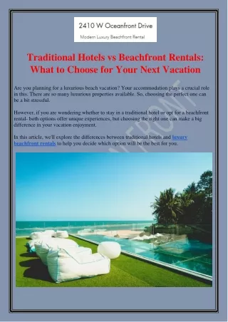 Traditional Hotels vs Beachfront Rentals: What to Choose for Your Next Vacation