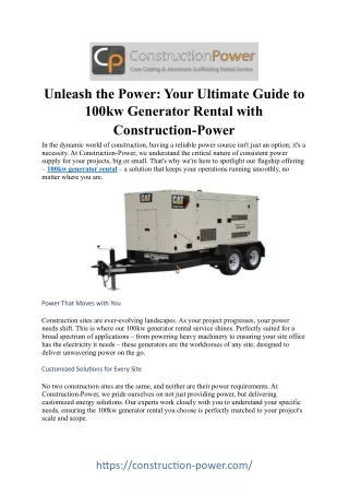 Power Up Any Project: 100kW Generator Rental Services