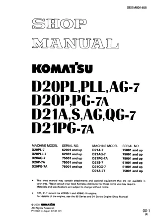 Komatsu D21AG-7 Dozer Bulldozer Service Repair Manual SN 75001 and up