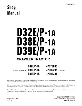 Komatsu D32E-1A Dozer Bulldozer Service Repair Manual SN P076093 and up