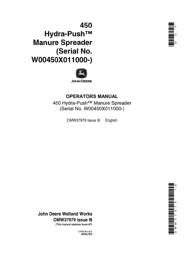John Deere 450 Hydra-Push™ Manure Spreader (Serial No.W00450X011000-) Operator’s Manual Instant Download (Publication No