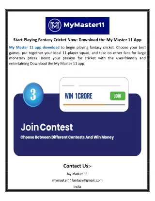 Start Playing Fantasy Cricket Now Download the My Master 11 App