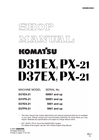 Komatsu D31EX-21 Bulldozer Service Repair Manual SN 50001 and up