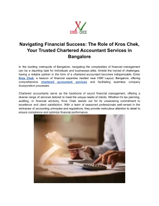 Navigating Financial Success - The Role of Kros Chek, Your Trusted Chartered Accountant near HSR Layout Bangalore