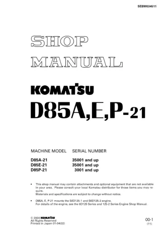 Komatsu D85P-21 Dozer Bulldozer Service Repair Manual SN 3001 and up