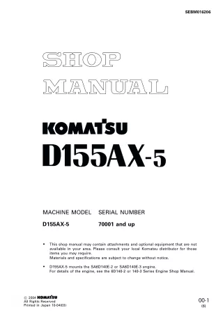 Komatsu D155AX-5 Dozer Bulldozer Service Repair Manual SN 70001 and up