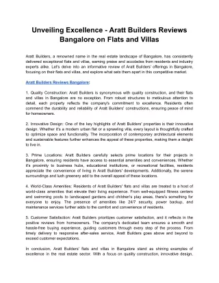 Unveiling Excellence - Aratt Builders Reviews Bangalore on Flats and Villas