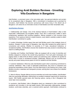 Exploring Aratt Builders Reviews - Unveiling Villa Excellence in Bangalore