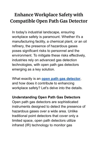 Enhance Workplace Safety with Compatible Open Path Gas Detector