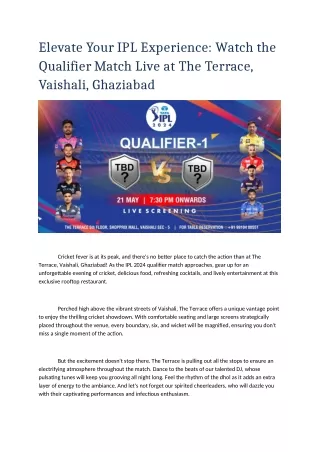 TATA IPL LIVE Screening Tickets Booking at The Terrace Vaishali, Ghaziabad