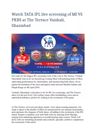 TATA IPL LIVE Screening Tickets Booking at The Terrace Vaishali, Ghaziabad