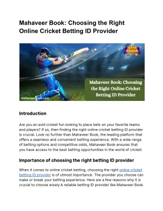 Mahaveer Book_ Choosing the Right Online Cricket Betting ID Provider