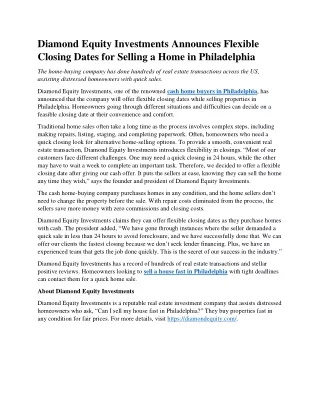 Diamond Equity Investments Announces Flexible Closing Dates for Selling a Home in Philadelphia