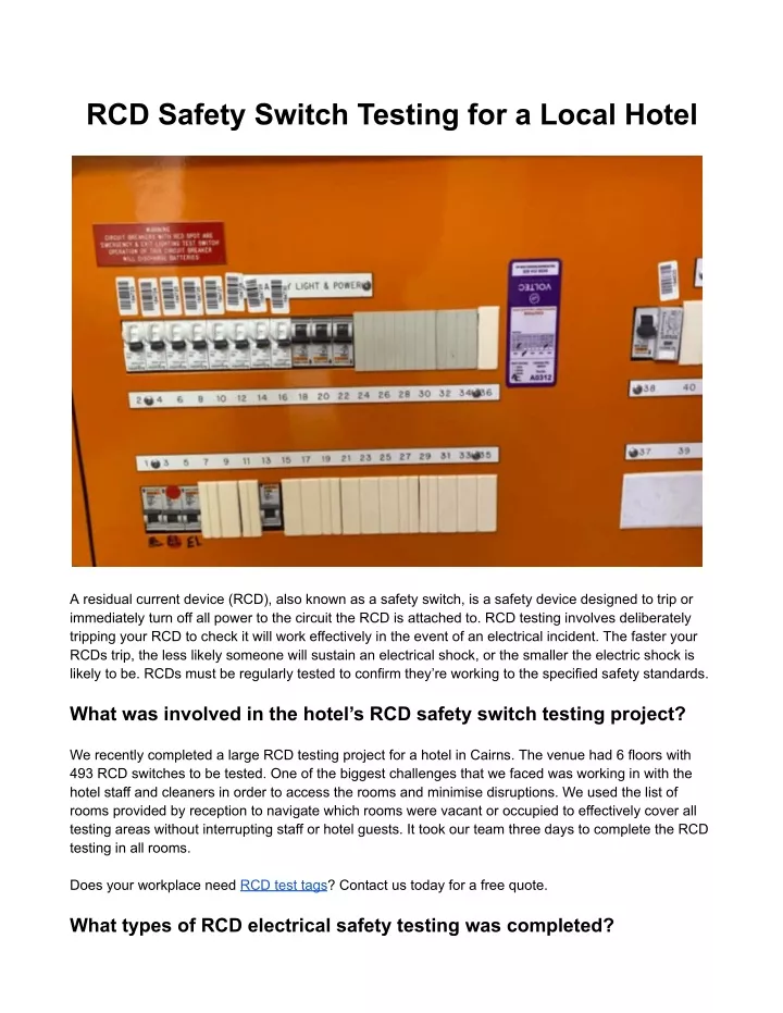rcd safety switch testing for a local hotel