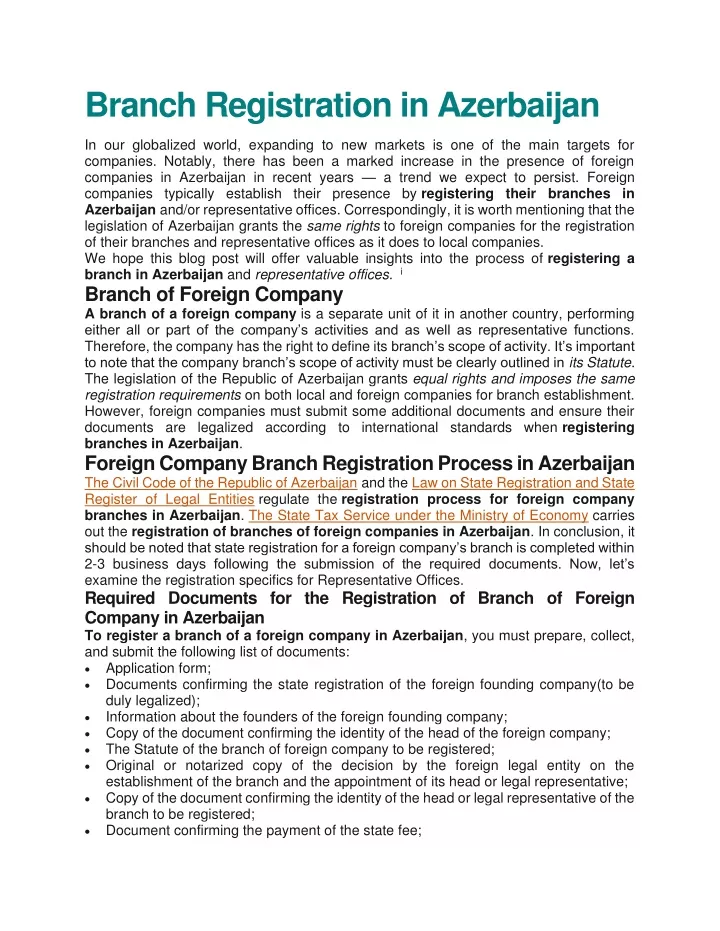 branch registration in azerbaijan