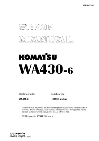 Komatsu WA430-6 Wheel Loader Service Repair Manual SNH50051 and up