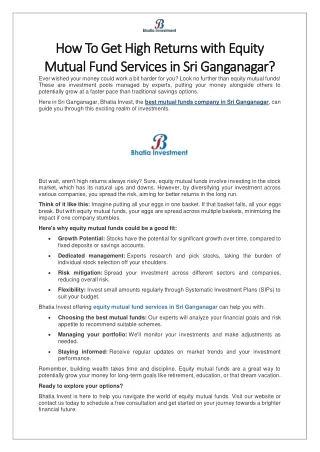 How To Get High Returns with Equity Mutual Fund Services In Sri Ganganagar