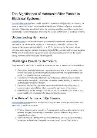 The Significance of Harmonic Filter Panels in Electrical Systems