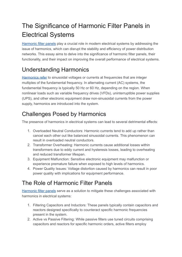 the significance of harmonic filter panels