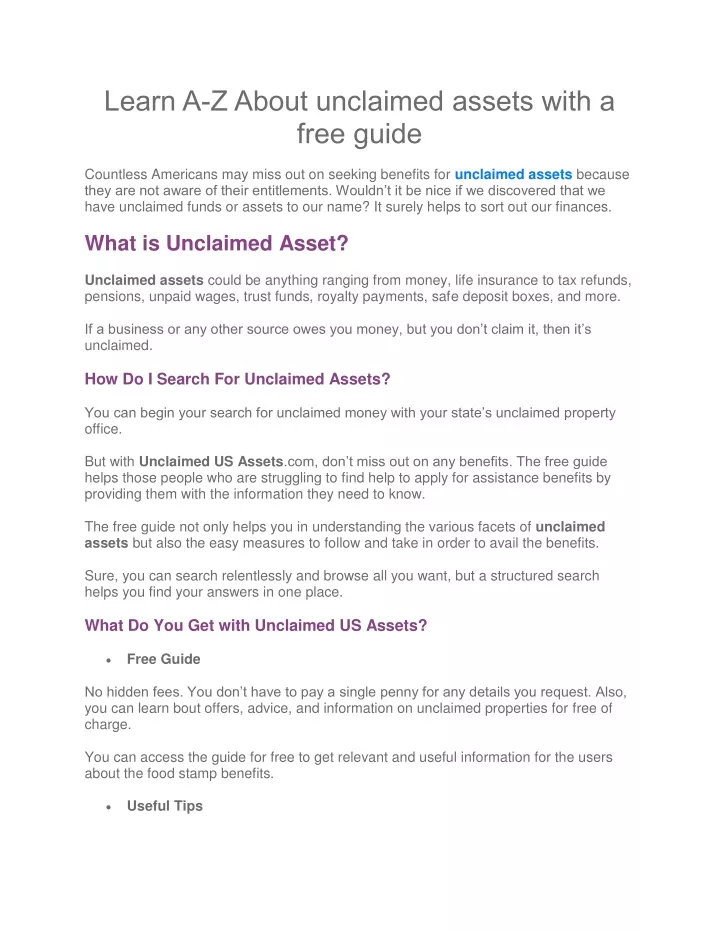 learn a z about unclaimed assets with a free guide