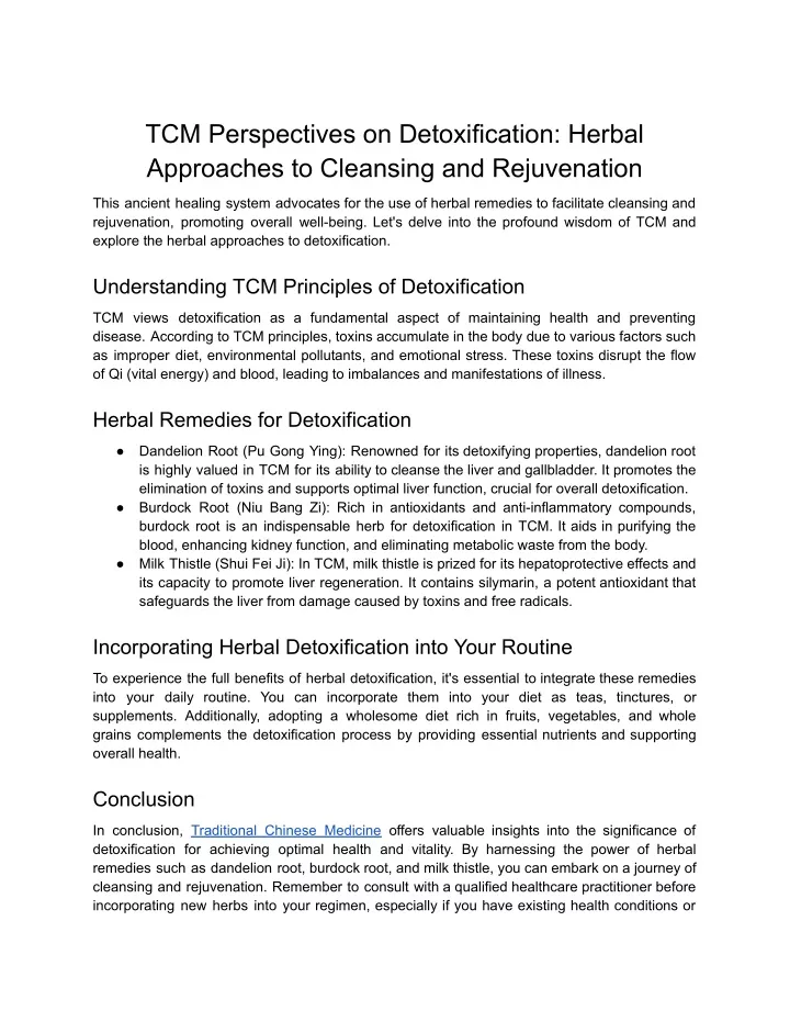 tcm perspectives on detoxification herbal