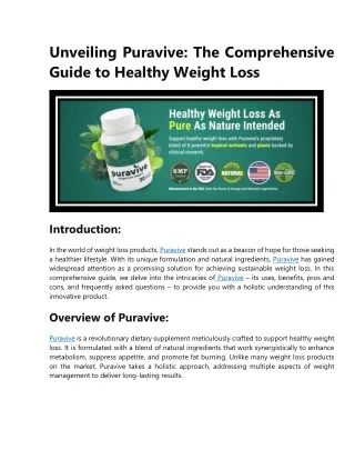 Unveiling Puravive: The Comprehensive Guide to Healthy Weight Loss