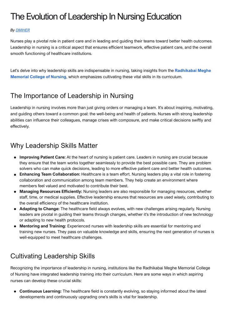 the evolution of leadership in nursing education