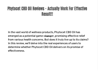 Phytocet CBD Oil Reviews - Actually Work For Effective Result!!