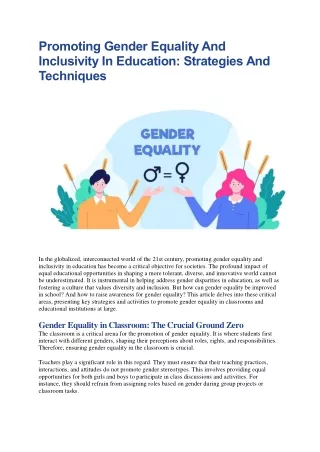 Promoting Gender Equality And Inclusivity In Education: Strategies And Technique