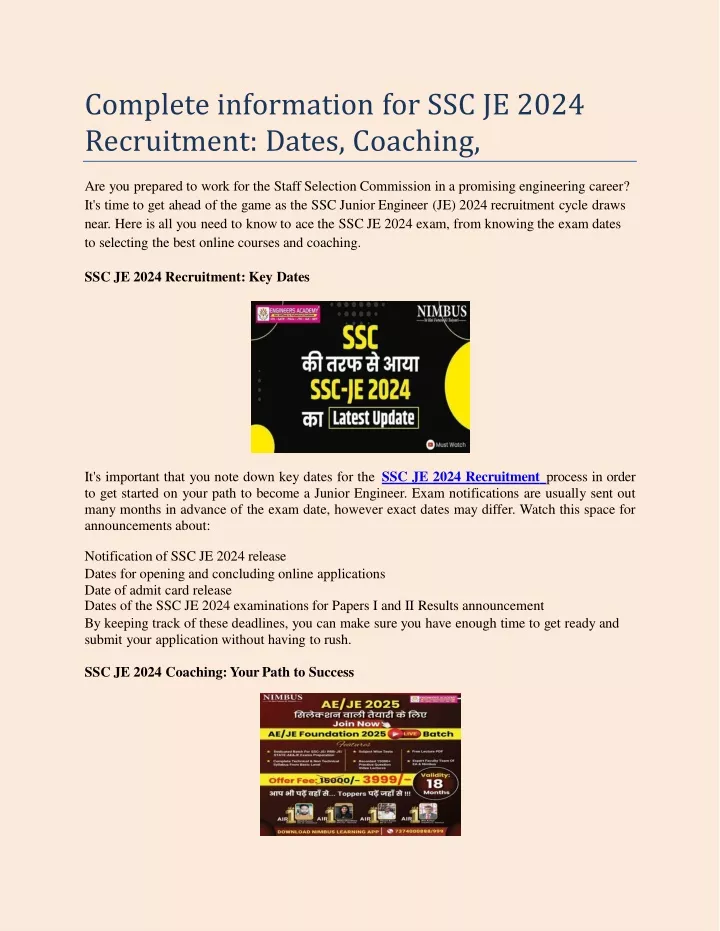 complete information for ssc je 2024 recruitment dates coaching