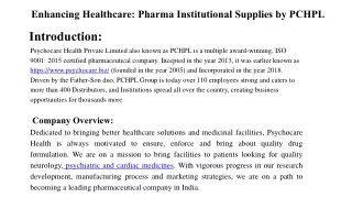 Enhancing Healthcare: Pharma Institutional Supplies by PCHPL