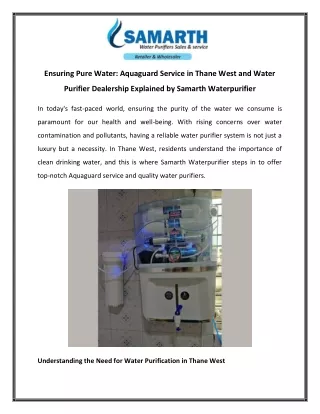 Ensuring Pure Water Aquaguard Service in Thane West and Water Purifier Dealership Explained by Samarth Waterpurifier