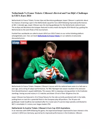 Cillessen's Revival and Van Dijk's Challenges in Euro Cup 2024 Squad