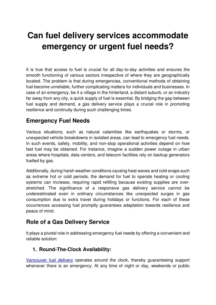 can fuel delivery services accommodate emergency