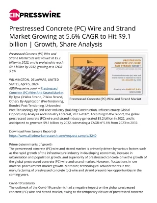 Prestressed Concrete (PC) Wire and Strand Market Growing at 5.6% CAGR to Hit $9.