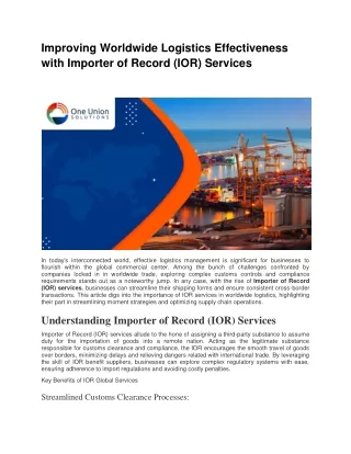 Improving Worldwide Logistics Effectiveness with Importer of Record (IOR) Servic