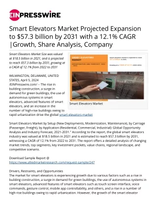 Smart Elevators Market Projected Expansion to $57.3 billion by 2031 with a 12.1%