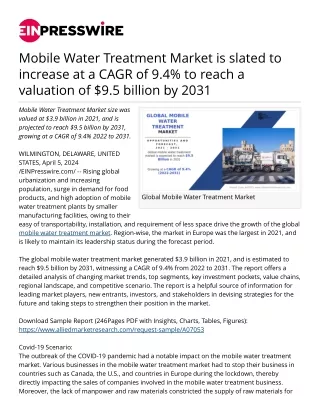 Mobile Water Treatment Market is slated to increase at a CAGR of 9.4% to reach a