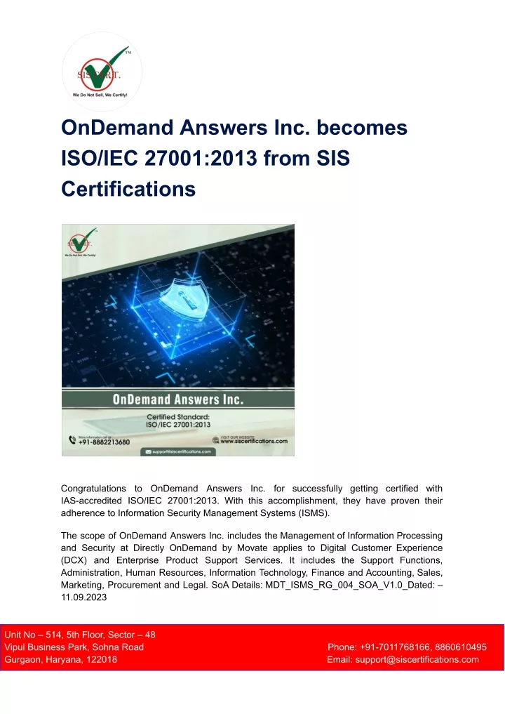 ondemand answers inc becomes iso iec 27001 2013