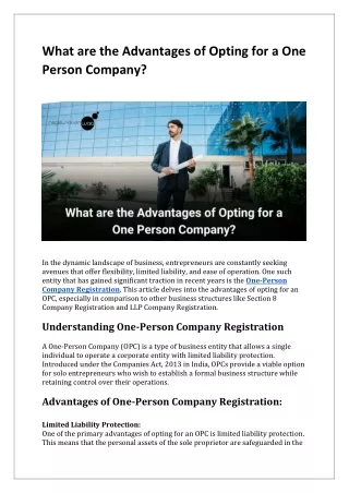 What are the Advantages of Opting for a One Person Company?