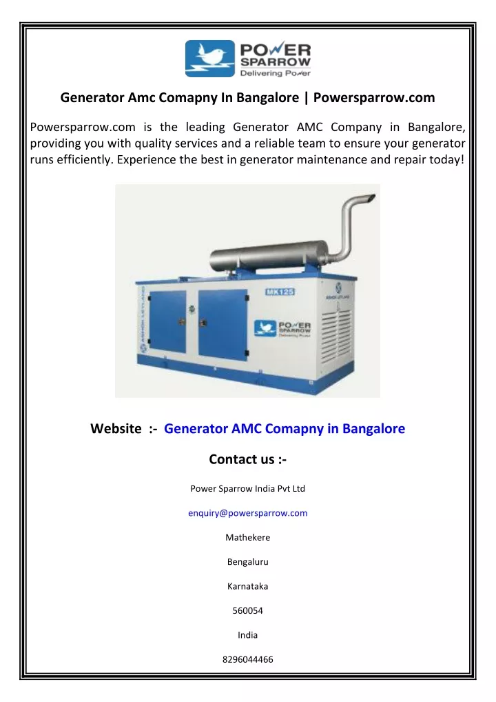 generator amc comapny in bangalore powersparrow