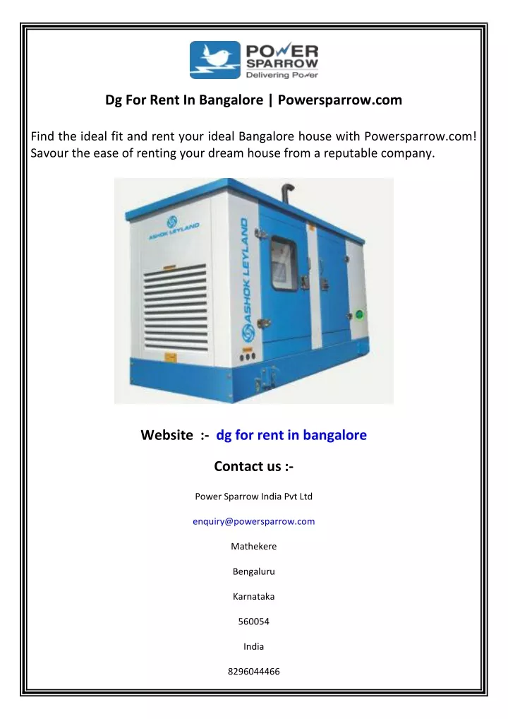 dg for rent in bangalore powersparrow com