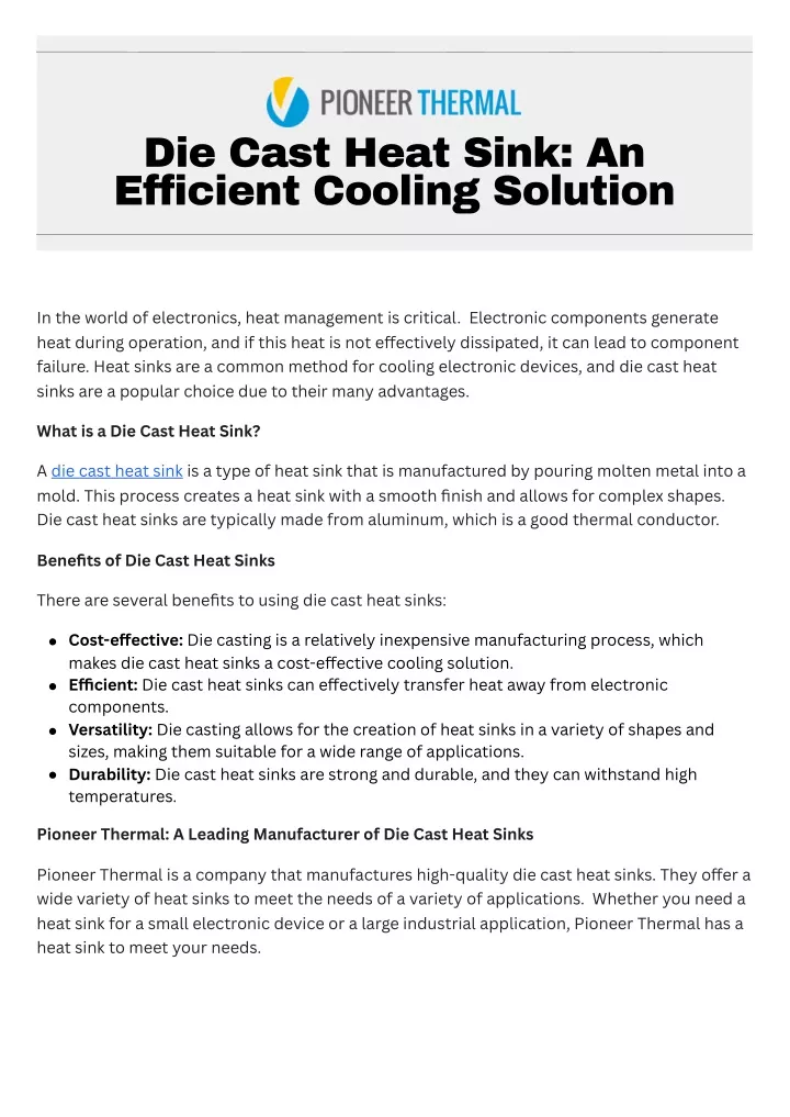 die cast heat sink an efficient cooling solution