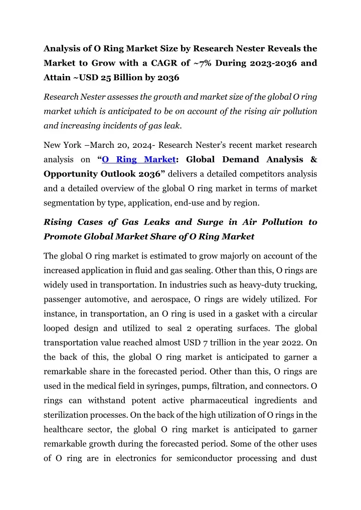 analysis of o ring market size by research nester