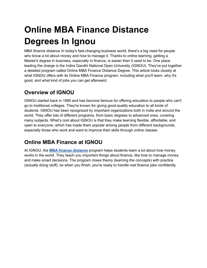 online mba finance distance degrees in ignou