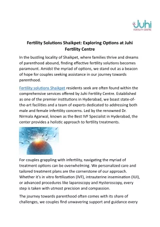 Fertility Solutions Shaikpet- Exploring Options at Juhi Fertility Centre