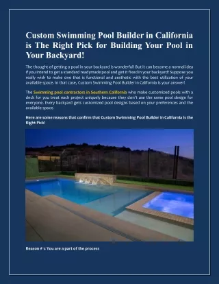 Custom Swimming Pool Builder in California is The Right Pick for Building Your